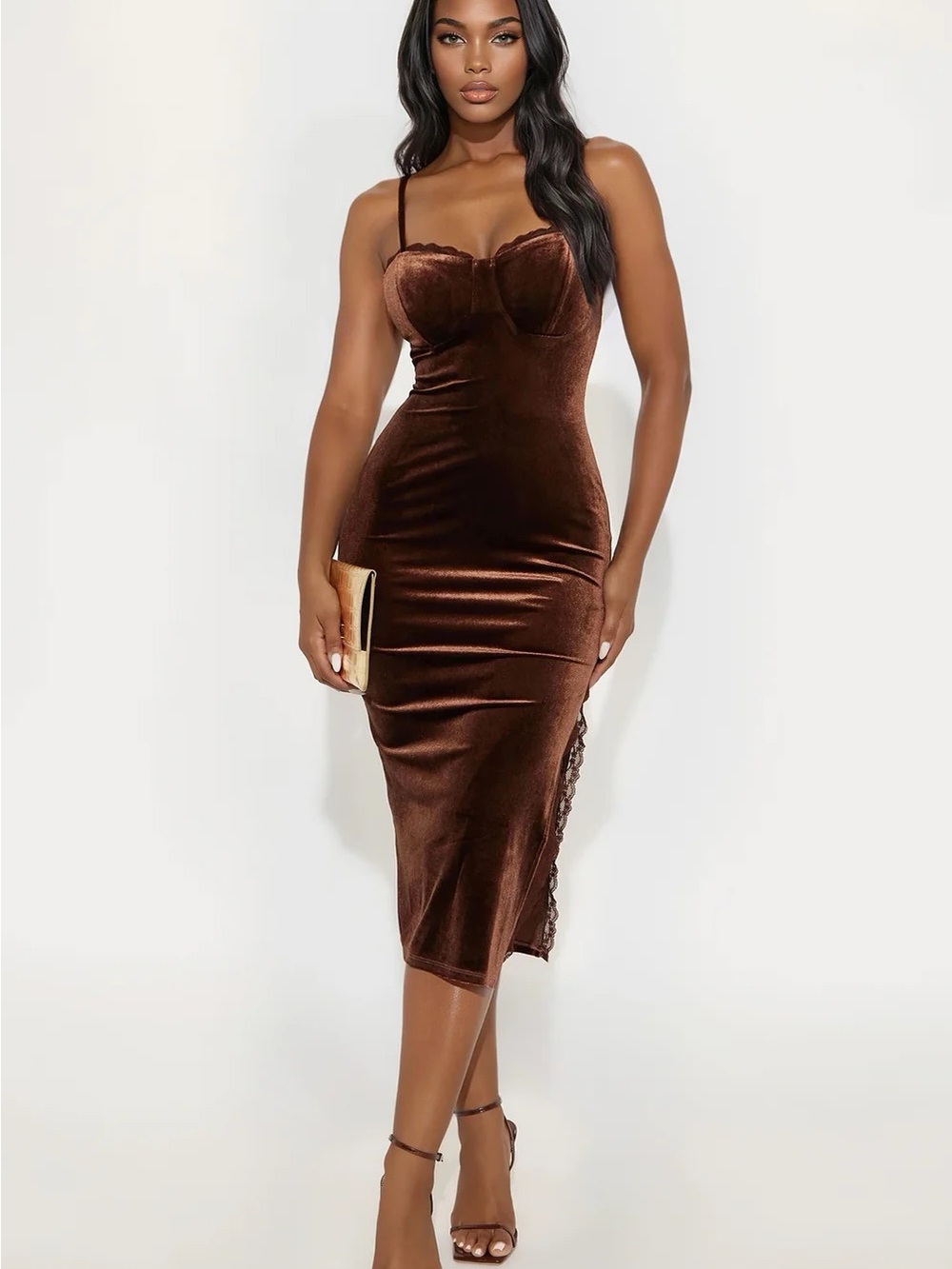 🤎Brown Velvet Spaghetti-Strap Midi Dress